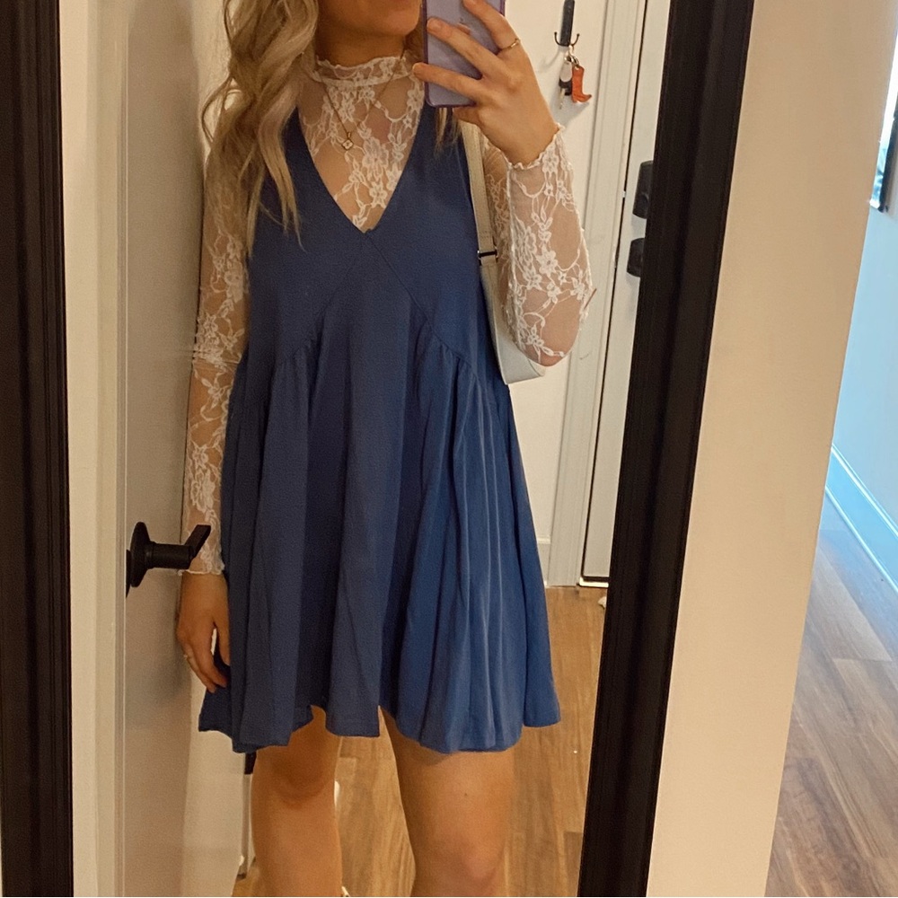 Blue V-Neck Mini Dress with Pleated Skirt